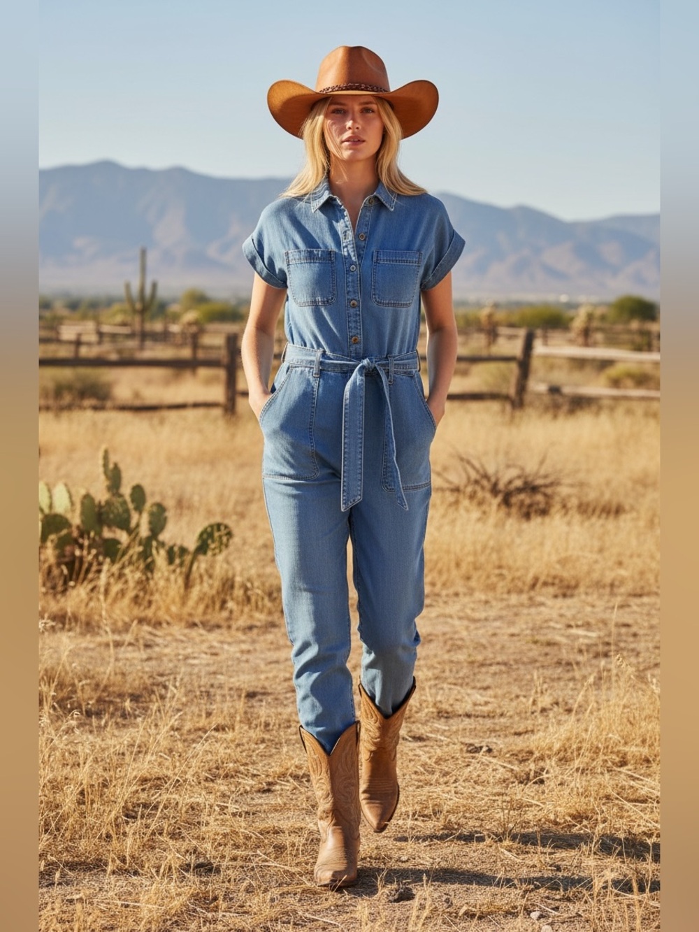 Western Blue Tencel Denim Tie-Waist Jumpsuit | Cowgirl Rancho Style Jumpsuit